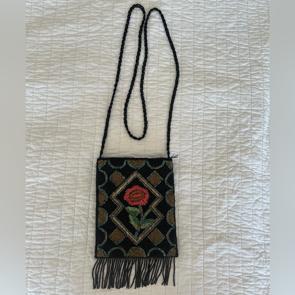 Vintage Black Beaded Fringe Crossbody Purse